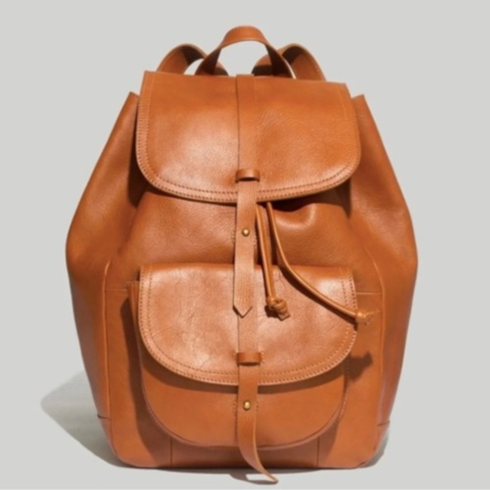 Madewell Cognac Brown Pebbled Leather Rucksack Backpack Bohemian Drawstring Bag
